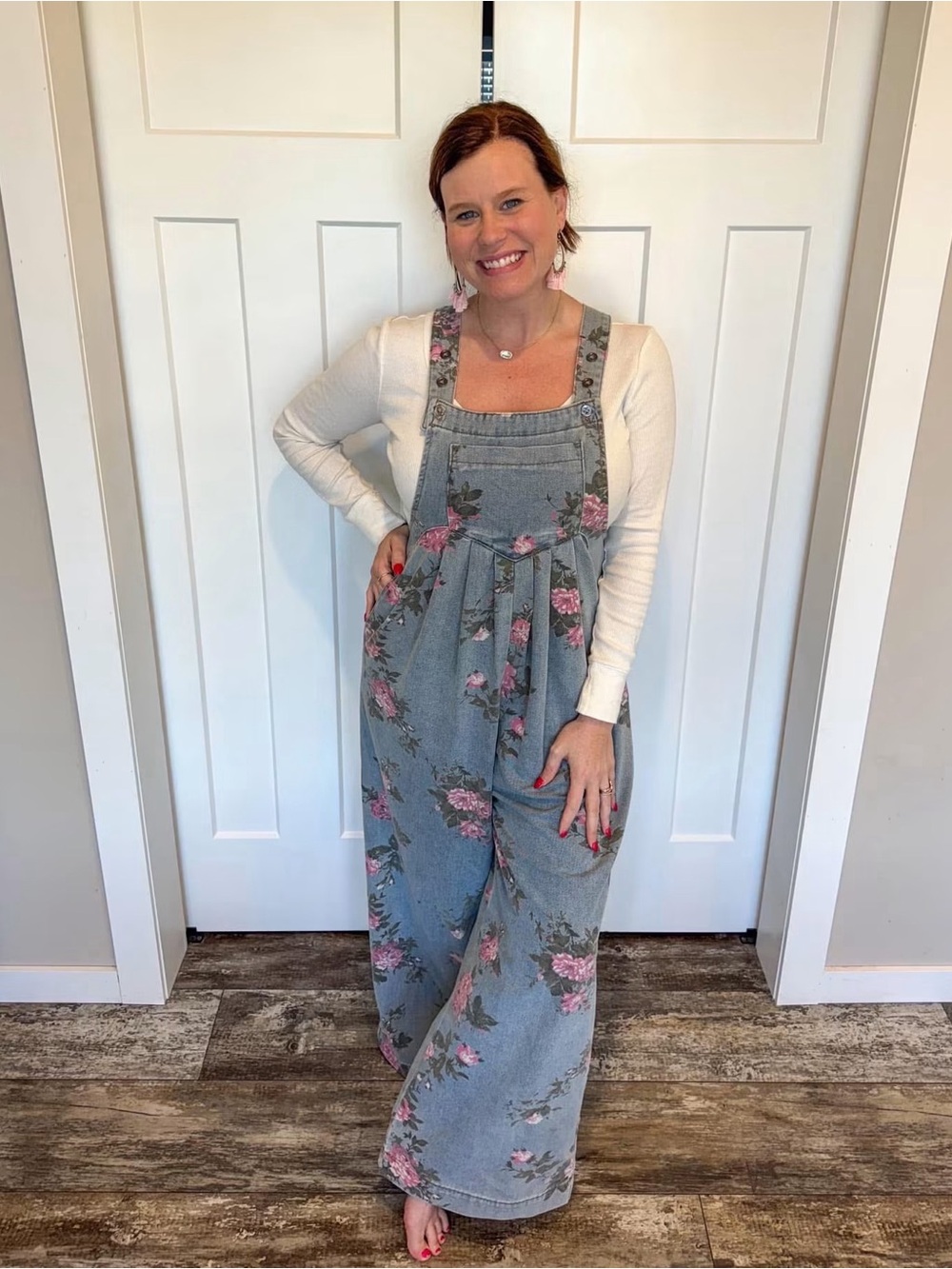 Floral Wide-Leg Denim Overalls in Gray with Pink Blooms